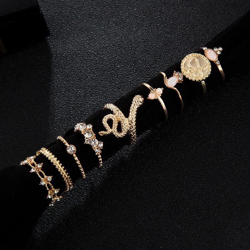 Women plus size clothing 9 Pieces Alloy Snake Diamond Geometric Ring Sets Wholesale Cheap Jewelry-Nordswear