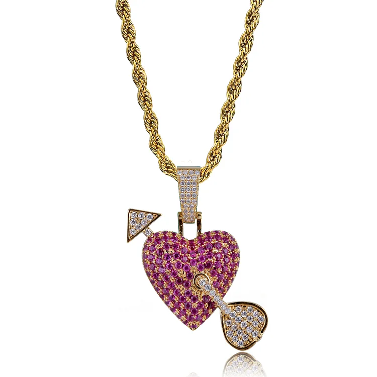 Iced Out Cupid's Arrow Purple Heart Pendant Necklace-VESSFUL