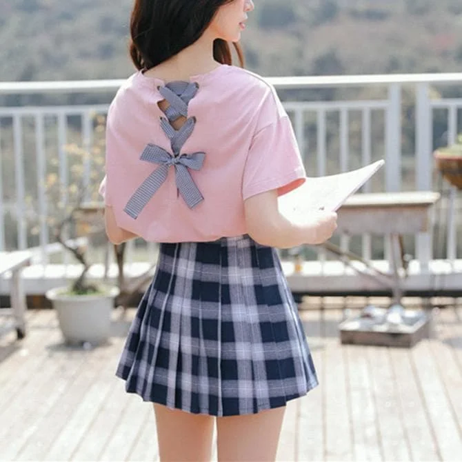 Pink/Blue Laced Tee Shirt/Pleated Skirt SP13641