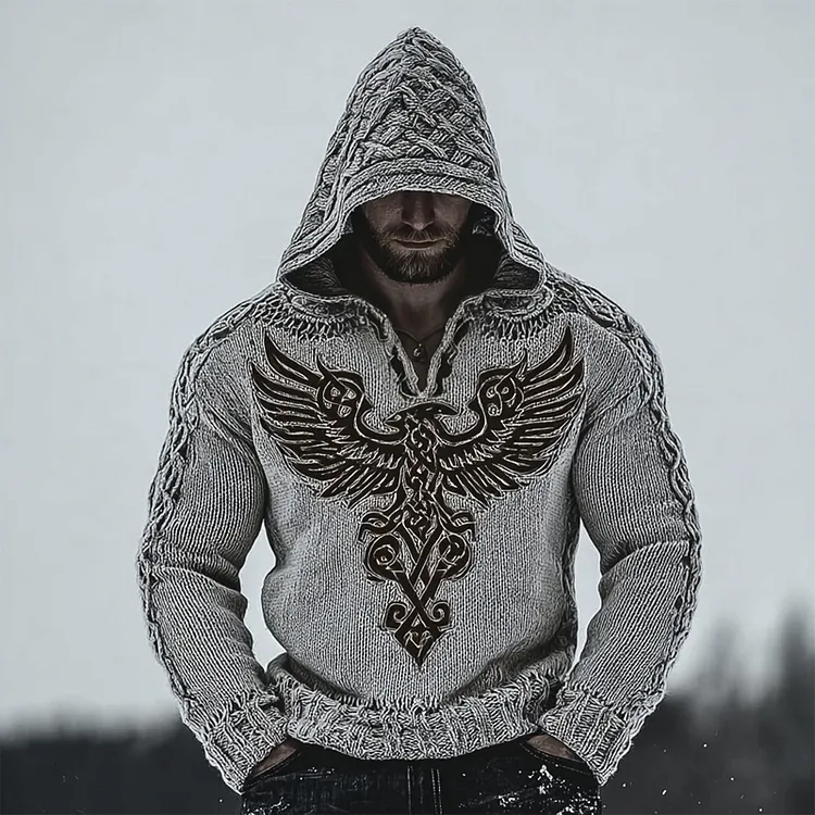 Men's Viking Valhalla Eagle Embroidered Cozy Hooded Sweater
