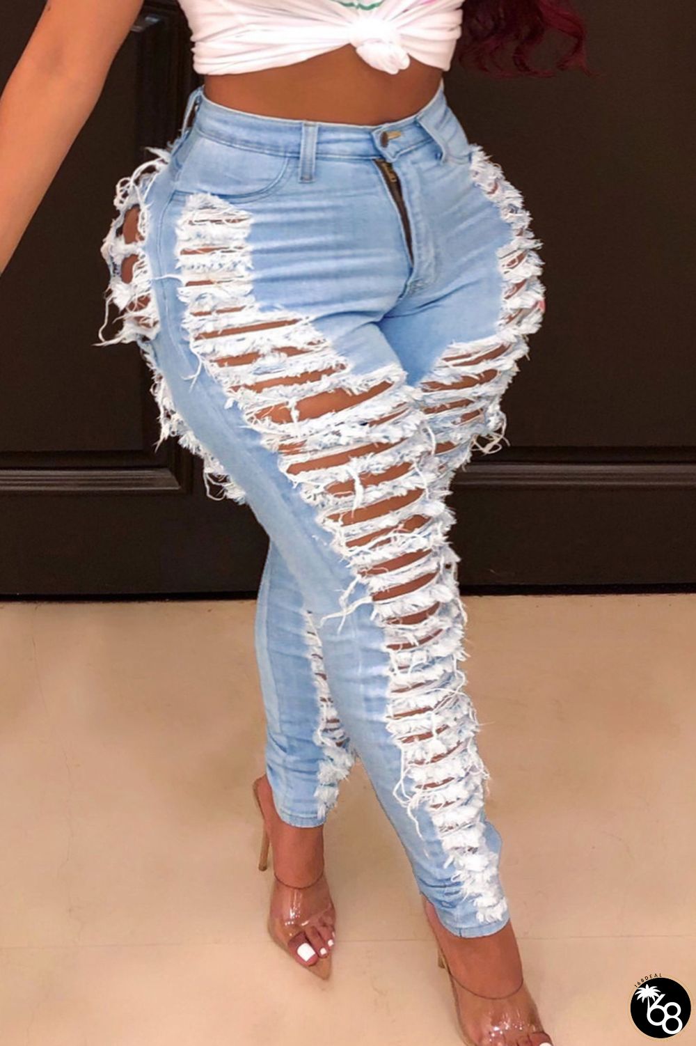 Baby Blue Casual Solid Ripped Patchwork Plus Size Jeans | 168DEAL