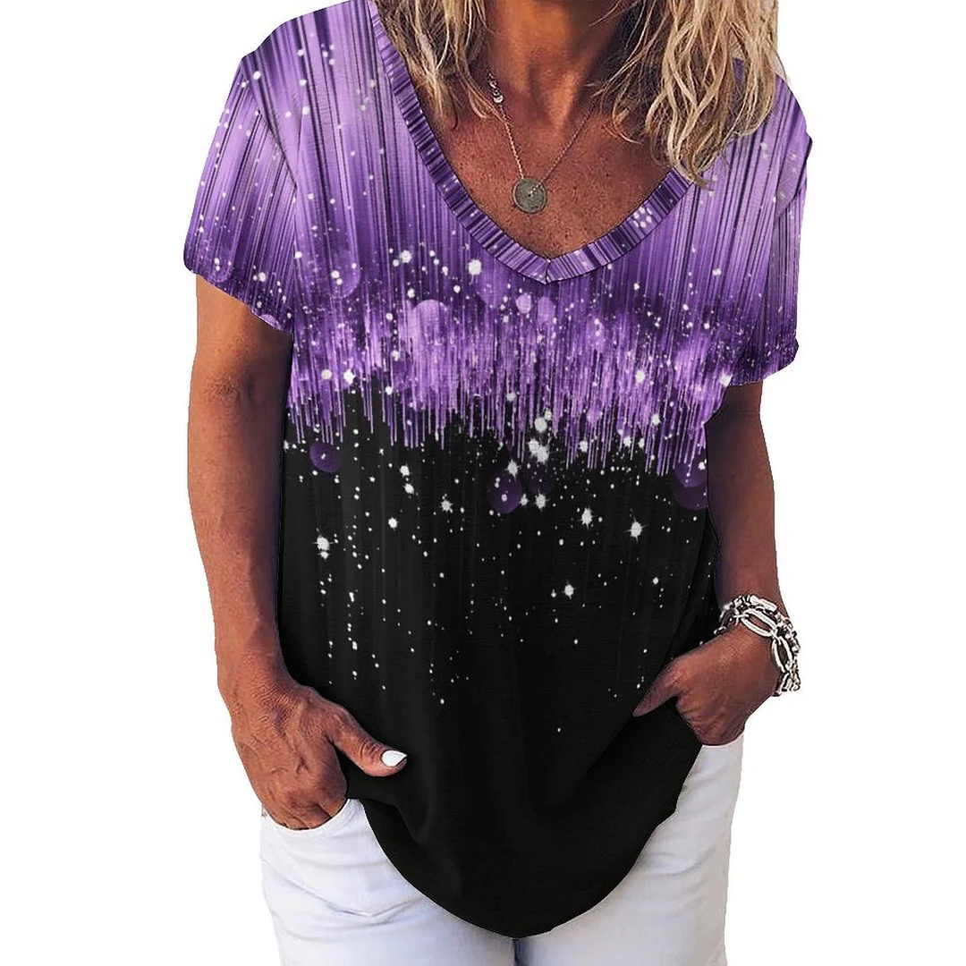 V-neck Short Sleeve Casual T-shirt for  Women Printed with Pattern Ray, Purple, Black