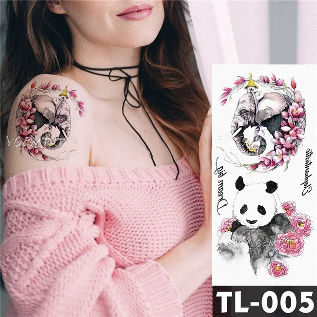 Sdrawing Flower Panda Elephant Watercolor Fox Flower Tattoo Stickers Girls waterproof Temporary Tattoo Women Body Arm Neck Back Art
