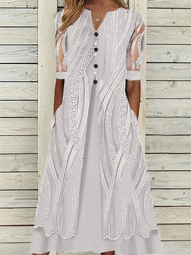 Women's Half Sleeve V-neck Floral Printed Lace Stitching Midi Dress