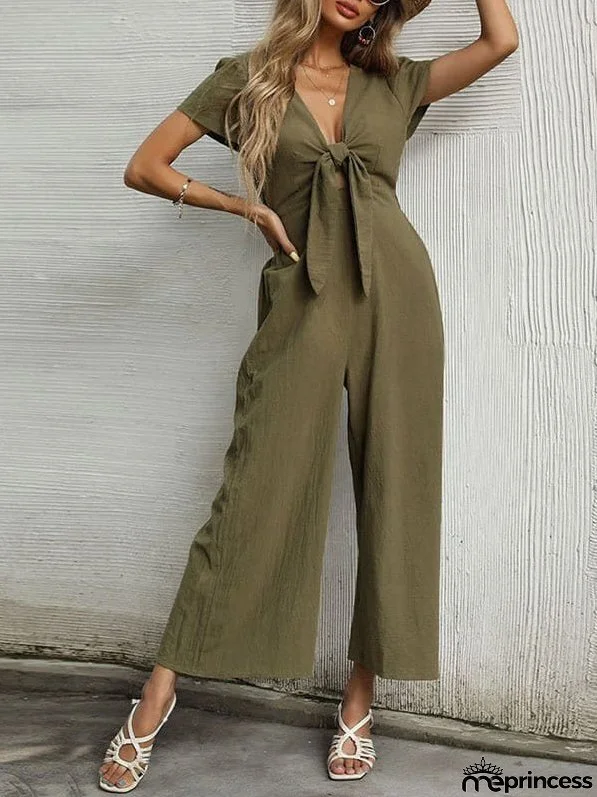 Elegant Wide Leg Jumpsuit with V-Neck and Short Sleeves