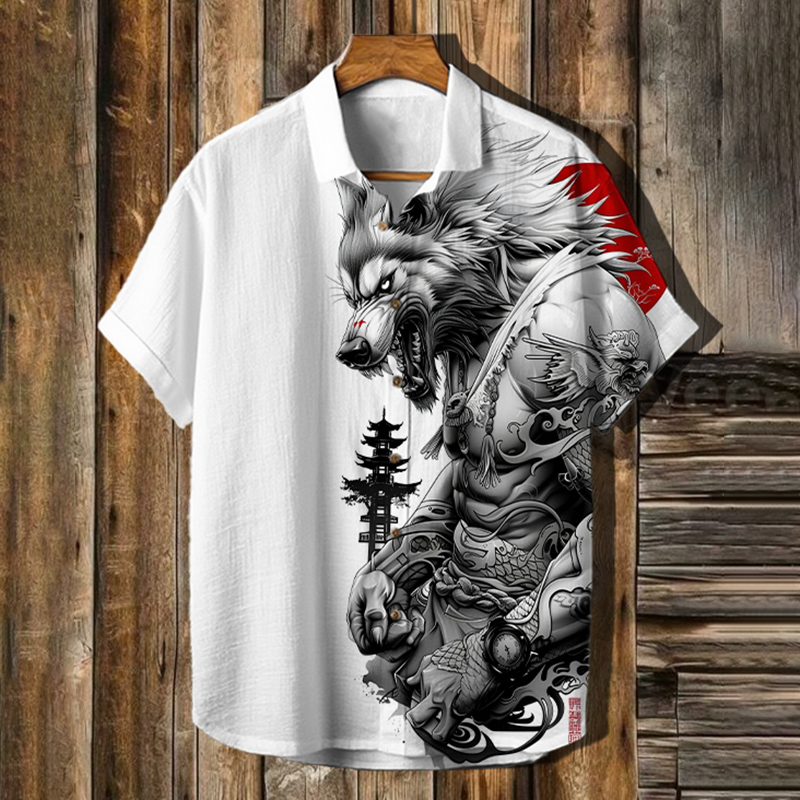 Men's Retro Werewolf Print Casual Shirt  artssus