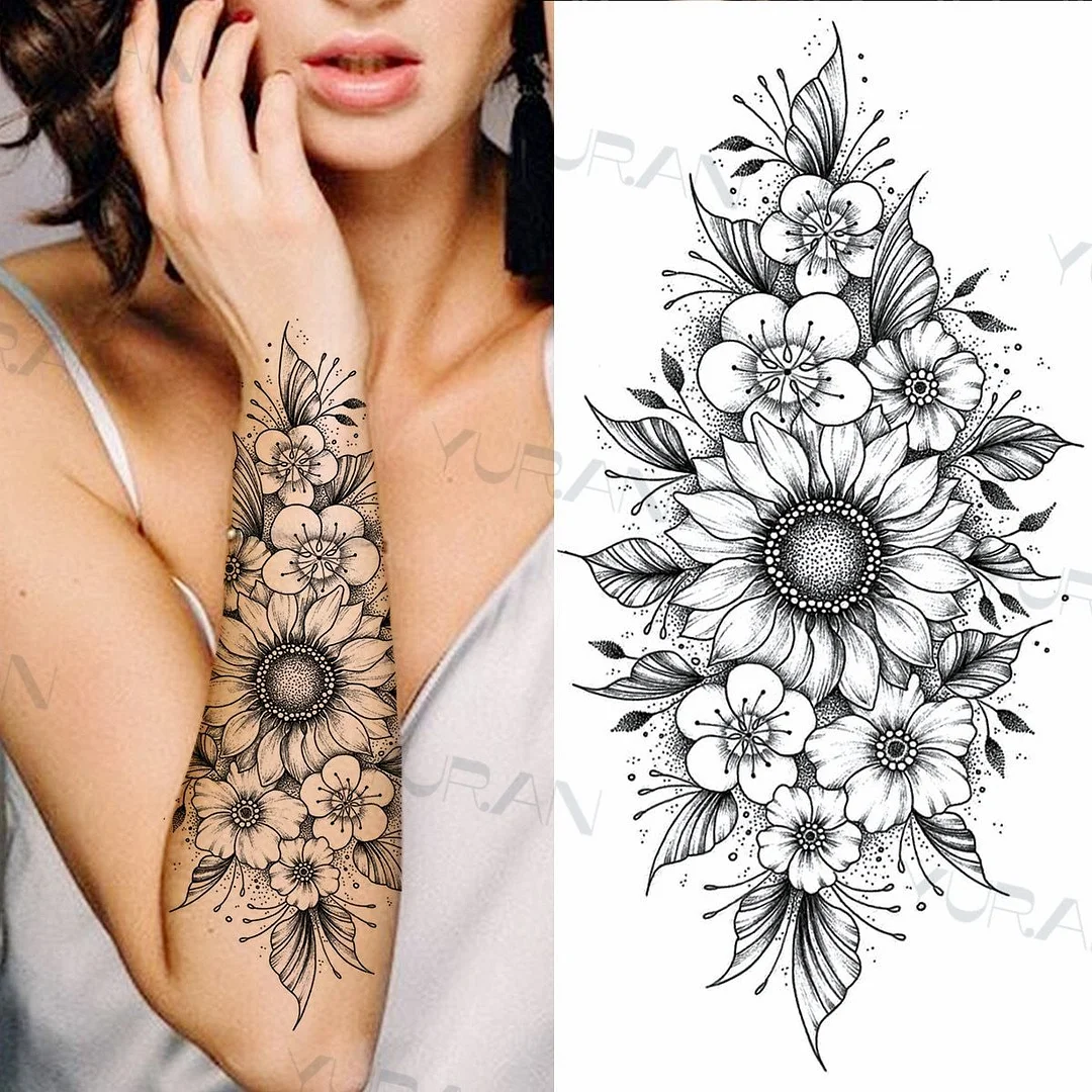 Black Large Snake Flower Fake Tattoo Sticker For Women Dot Rose Peony Temporary Tattoos DIY Water Transfer Tatoos Girls 1029