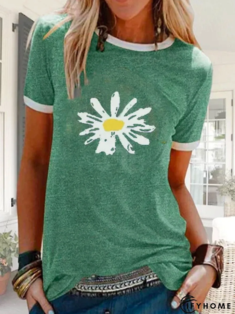 Women Floral Print Short Sleeve Round Neck T-shirt Top | IFYHOME