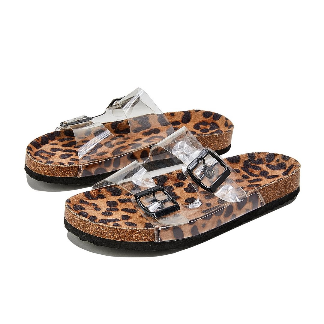 Adjustable Twin Buckle Leopard Slippers Slide Footbed Sandals