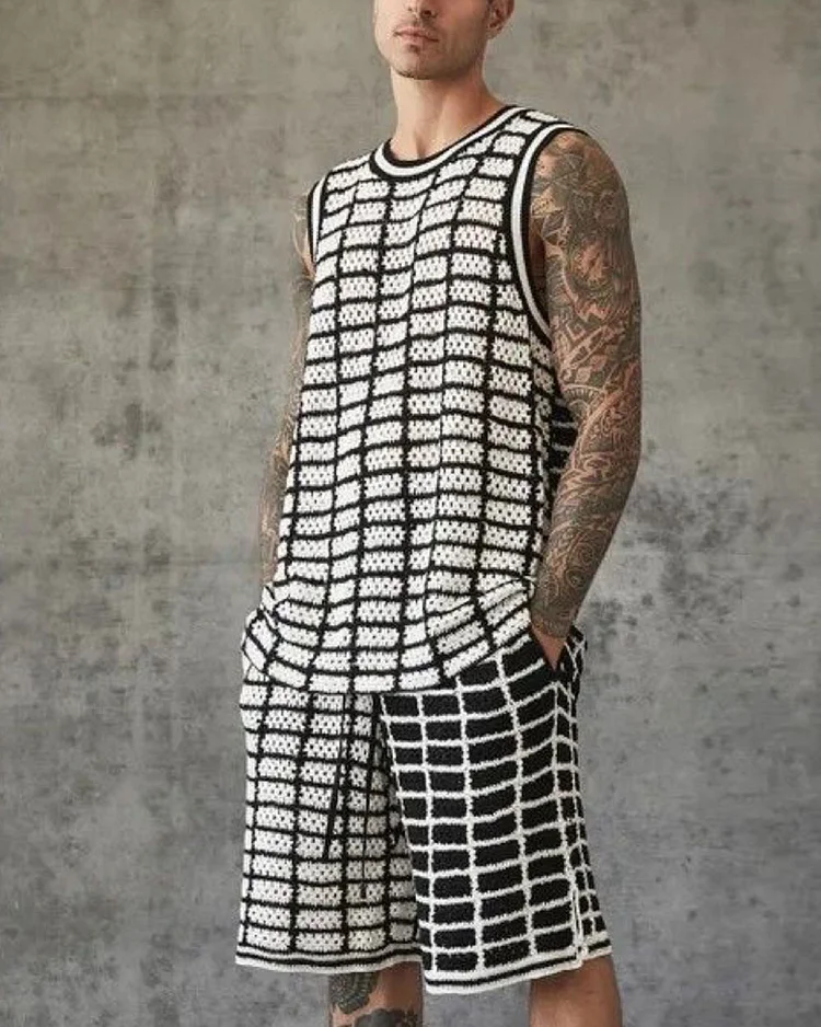 Men’s Black and White Square Tank Top and Shorts Knitted Two-Piece Set