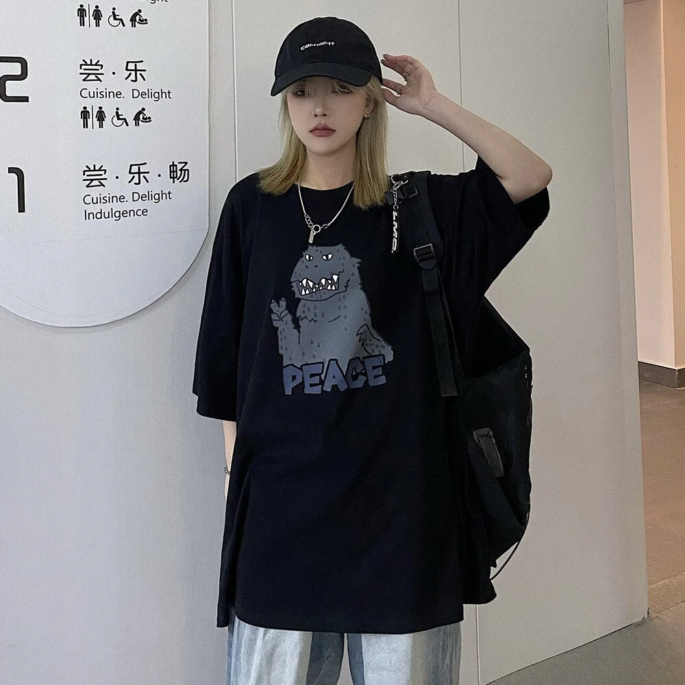 Back to School Harajuku Casual Oversized T-Shirt Men And Women  Dinosaur Print Street Hip-Hop Loose Round Neck Short-Sleeved T-Shirt