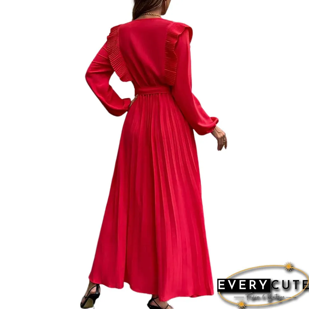Red V Neck Pleated Tie Waist Swing Maxi Dress
