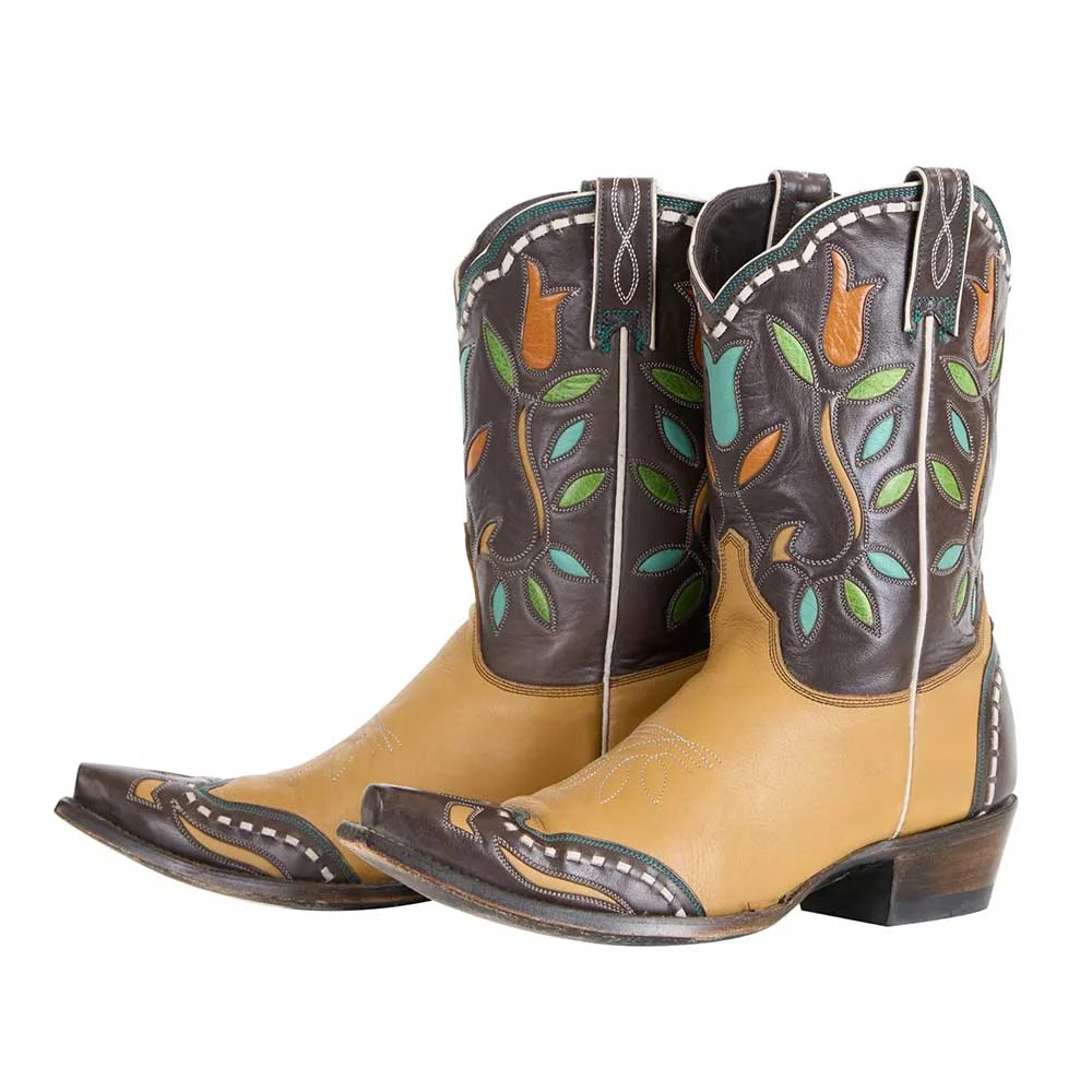 Tan Closed Snip Toe Embroidered Floral Inlay Pull On Western Boots