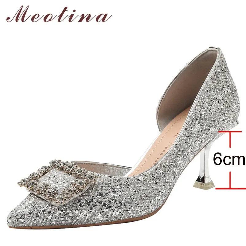 Meotina Woman Fashion Shoes Ponted Toe Thin High Heels Crystal Pumps Elegant Style Party Ladies Footwear Autumn Champagne Silver