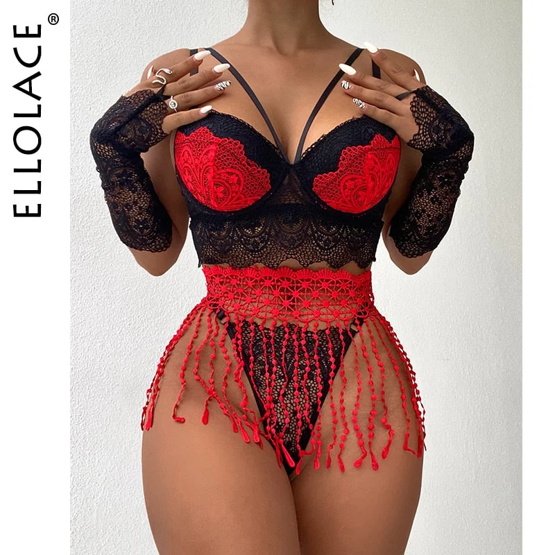 Ellolace Tassels Sensual Lingerie Sexy Padded Women's Underwear 4-Piece Thongs Garters Intimate Burgundy Exotic Lace Bra Set
