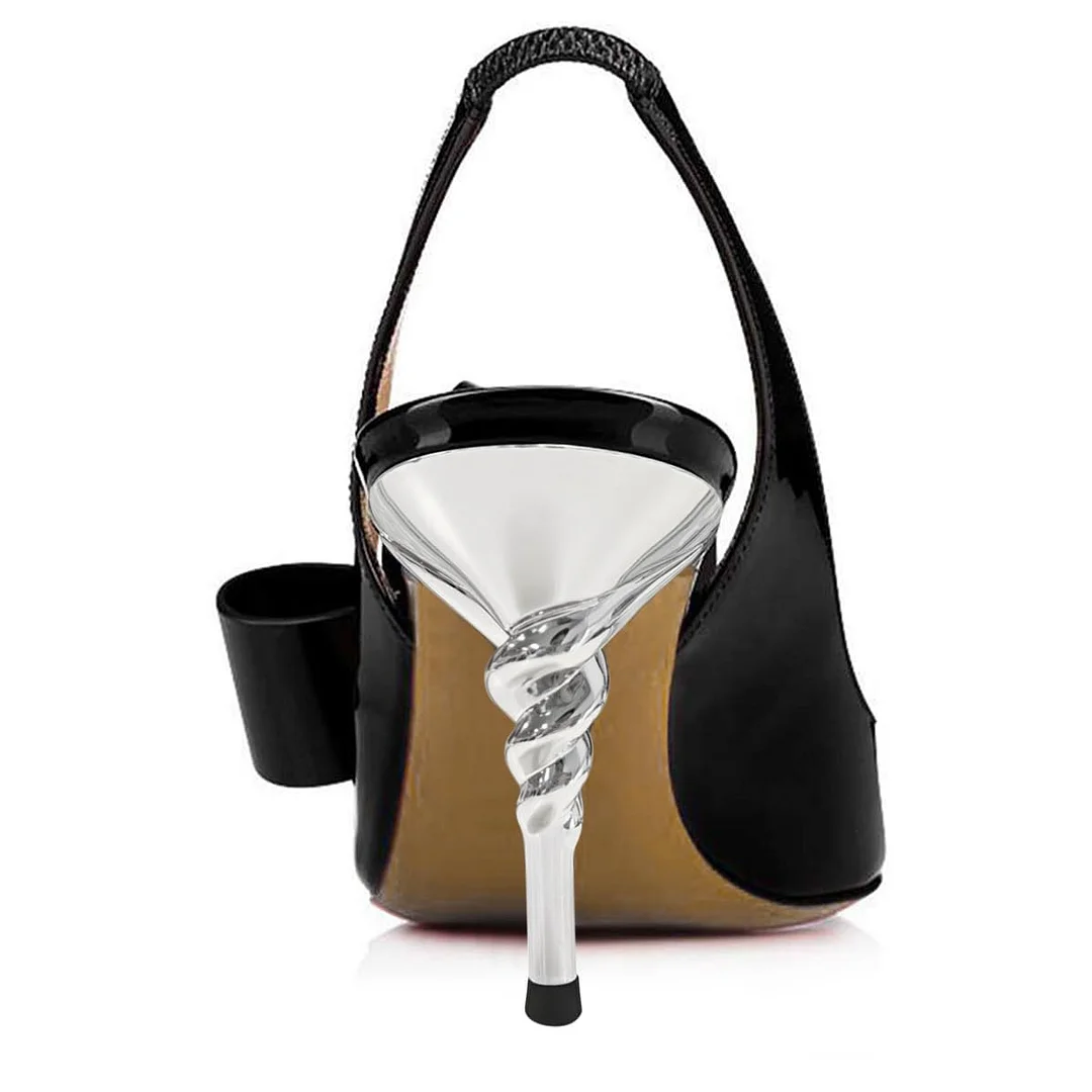 Patent Leather Pointed Toe Bow Decor Slingback Black Pumps