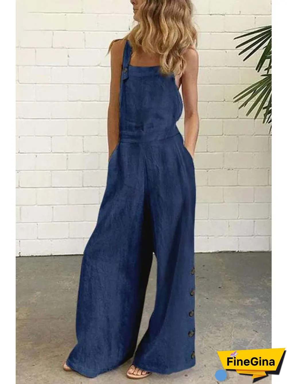 Modern Solid Color Sleeveless Side Pocket&Buckle Jumpsuit P13483