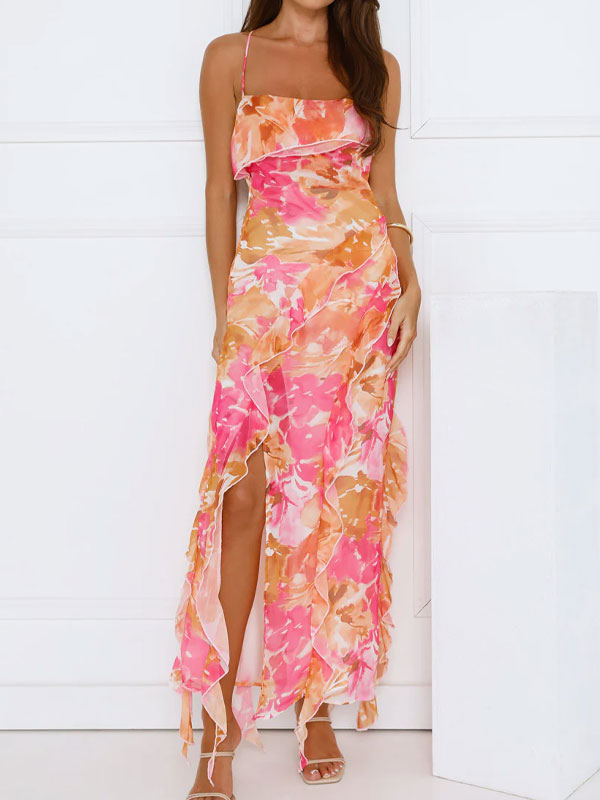 Thin straps split ruffle dress