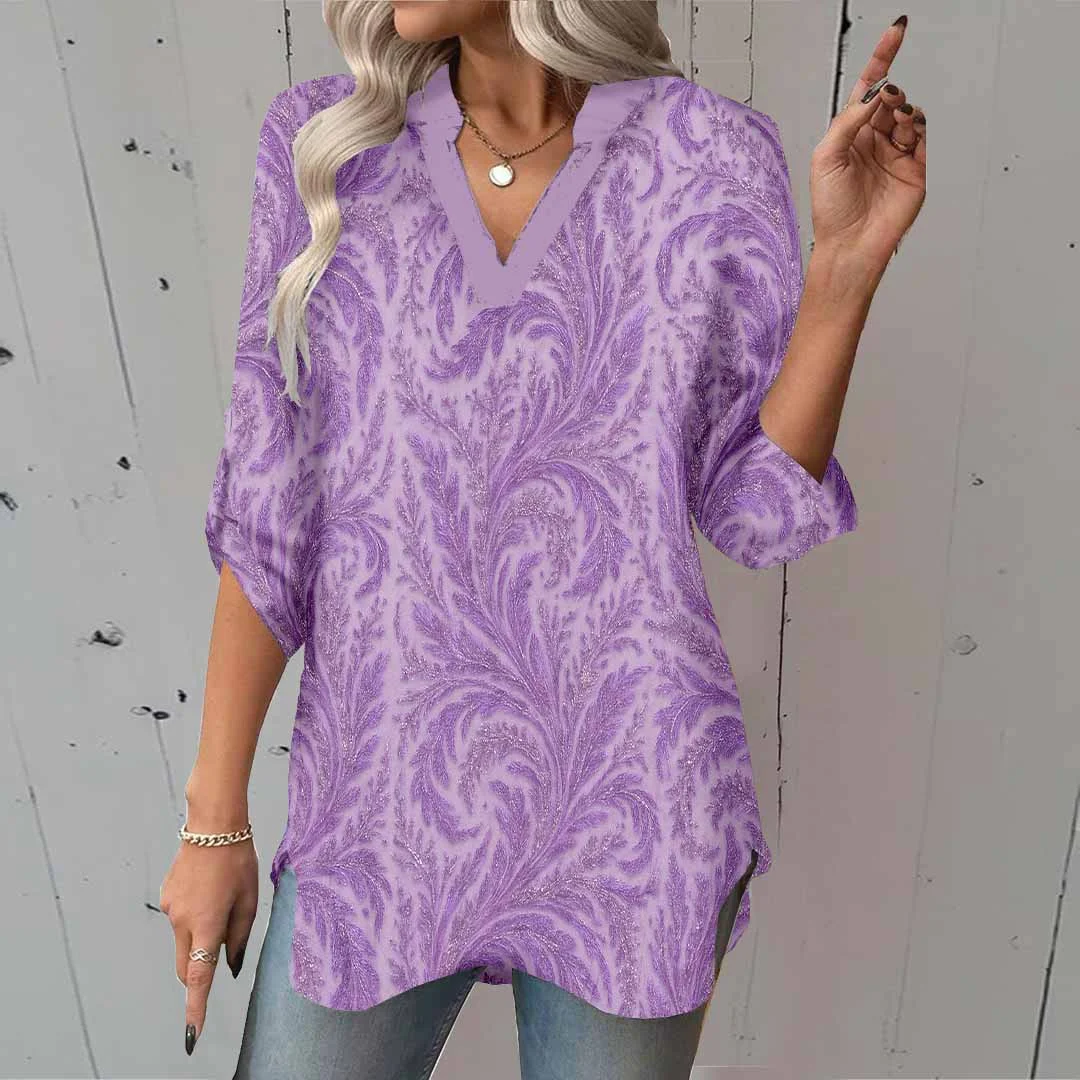 Women Texture, Purple DZGA0394 3/4 Sleeve V-neck Printed Graphic Button Tops
