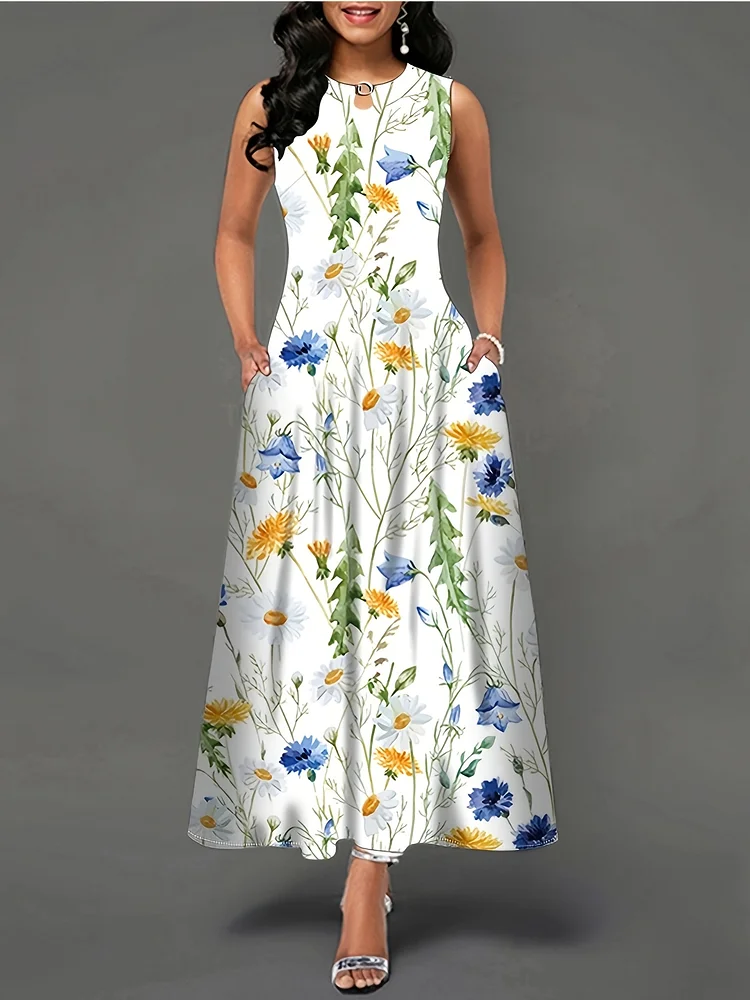 Vibrant Floral Print Women's A-Line Dress With Pockets | Sleeveless, Round Neck, Breathable Material, All-Season Casual To Formal Long Dress - Dry Clean Only, Blue Yellow Floral Pattern On White