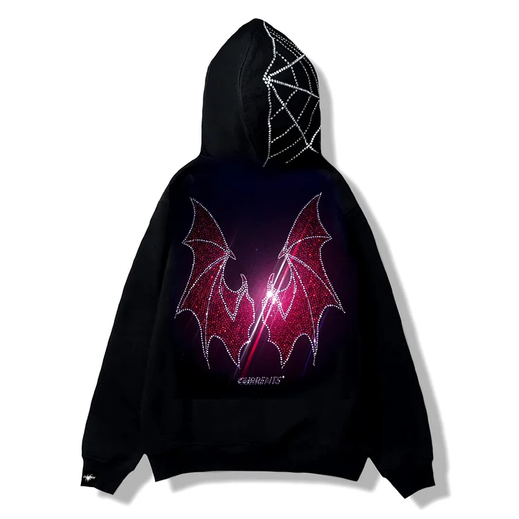 Y2K Rhinestone Cobweb Full Zip Up Oversized Sweatshirt Goth Hoodie Streetwear at Hiphopee