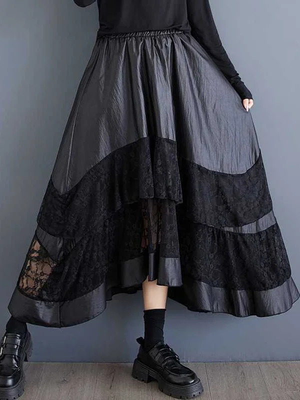 Goth Black Elasticity Layered Irregular Hem Patchwork Lace A-Line Skirt