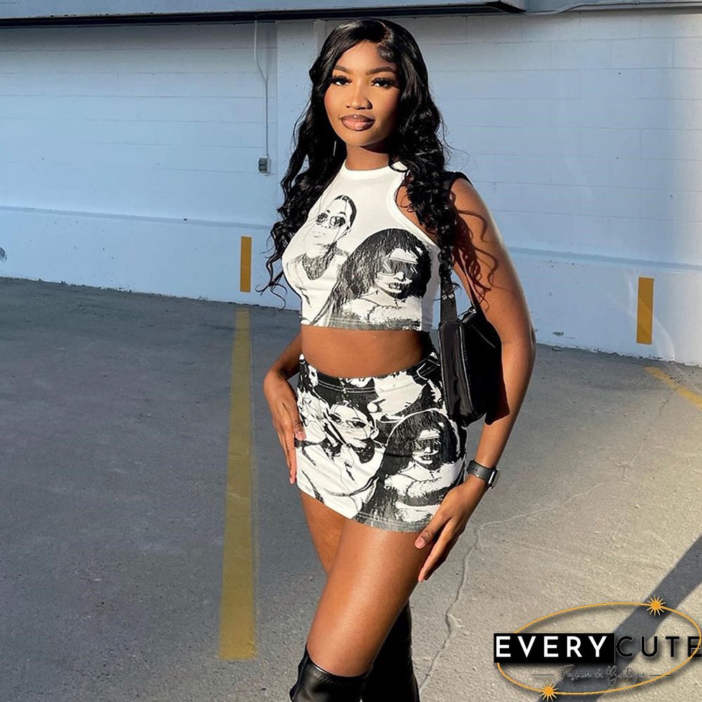 Women Graphic Outfit Y2k Aesthetic Print Crop Top And Mini Skirt Matching Set Punk Gothic Clothes Suit Clothing