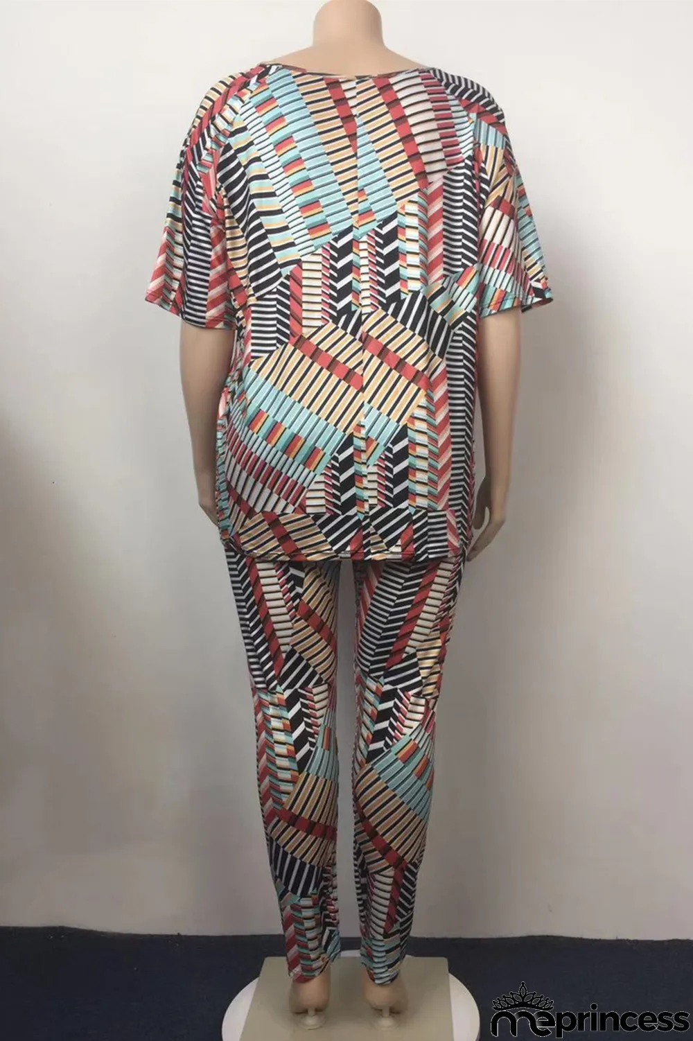 Multicolor Fashion Casual Print Basic O Neck Plus Size Two Pieces