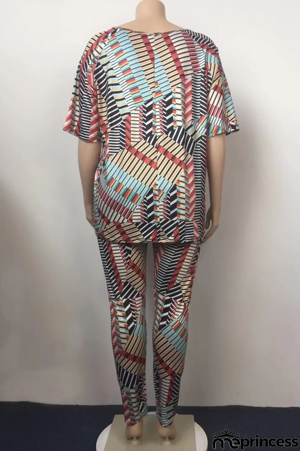 Multicolor Fashion Casual Print Basic O Neck Plus Size Two Pieces