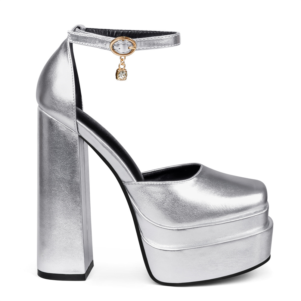 150mm Women's Sexy High Heels Platforms Pumps Square Toe Chunky Block Heels Rhinestone Party Shoes-MERUMOTE