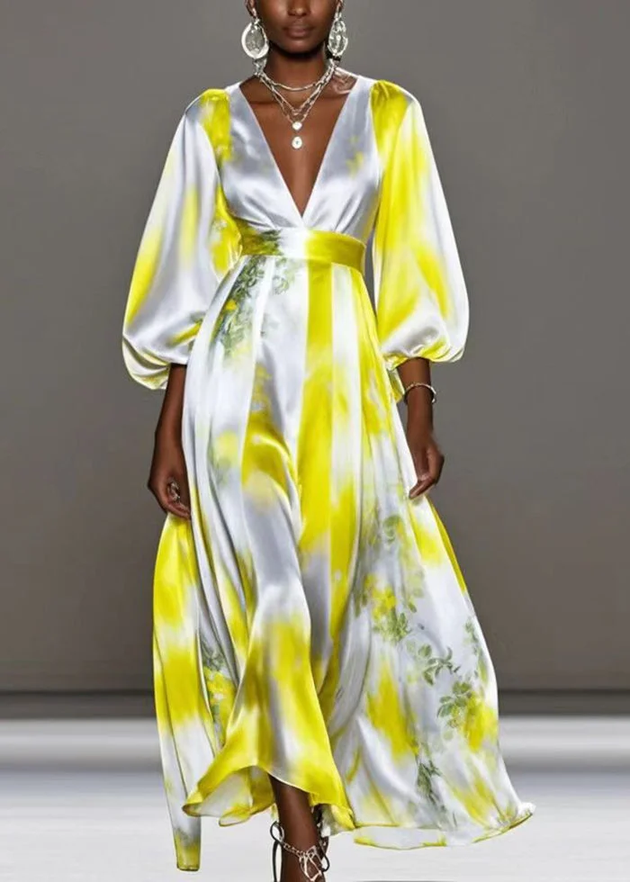 Silm Fit Gradient Color Print Tie Dye Silk Holiday Dress Lantern Sleeve