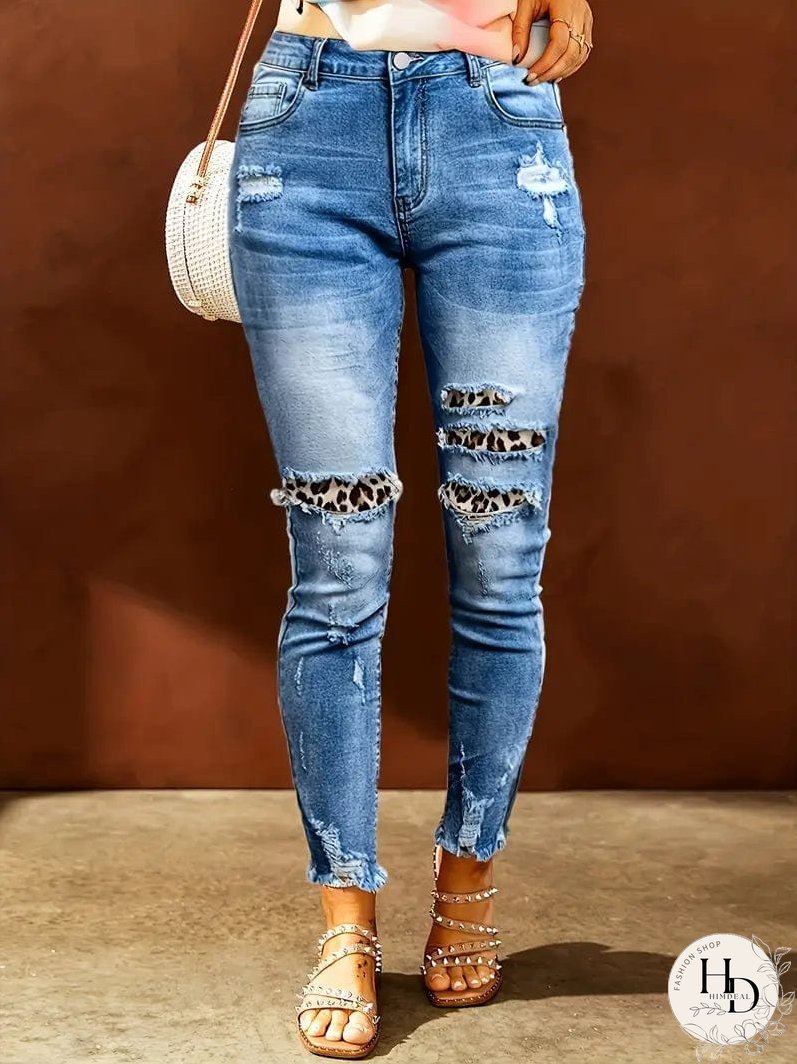 Blue Raw Hem Straight Jeans with Leopard Print Patchwork Detail and Ripped Holes - Women's Denim Clothing