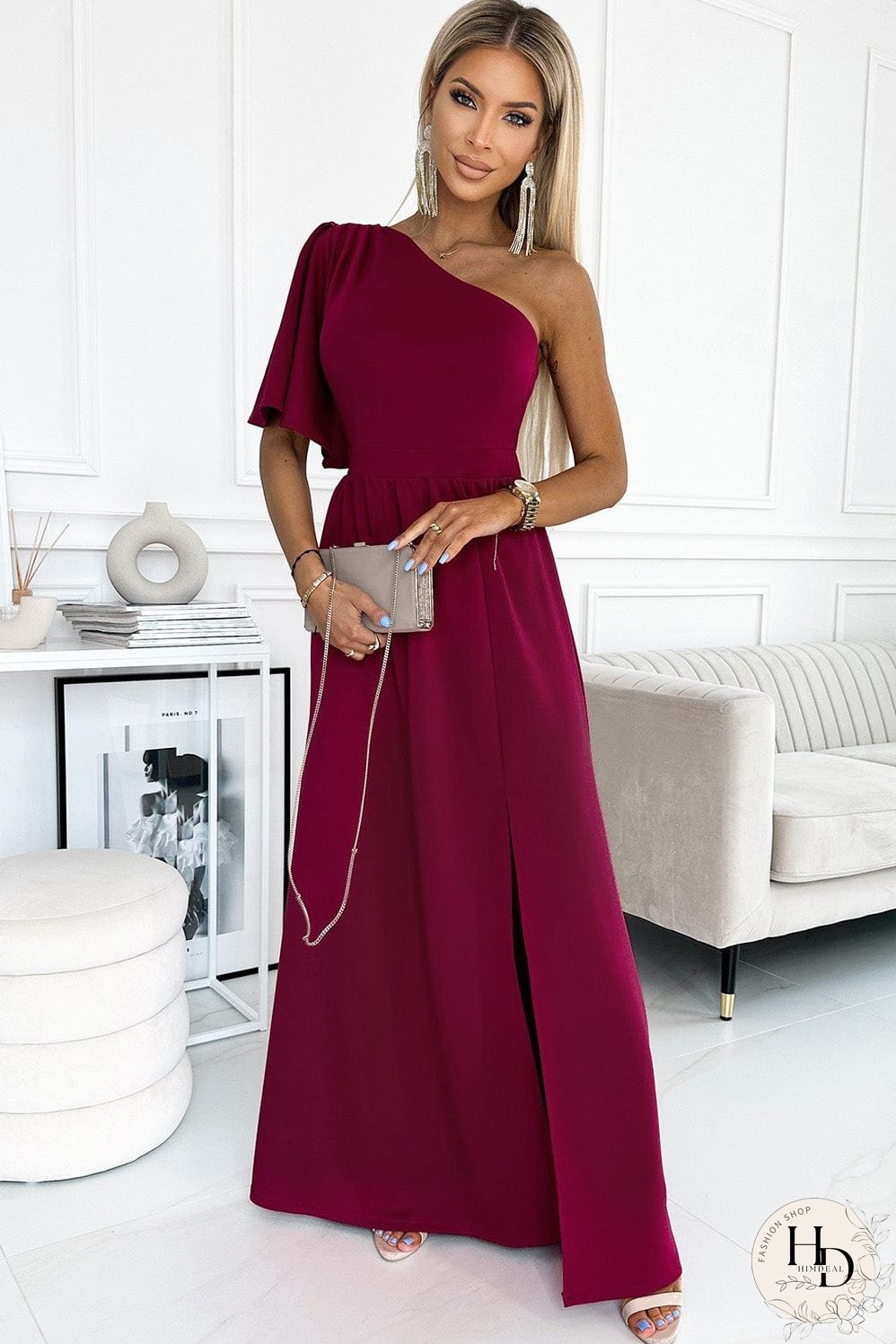 Solid Sloping Shoulder Slit Dress