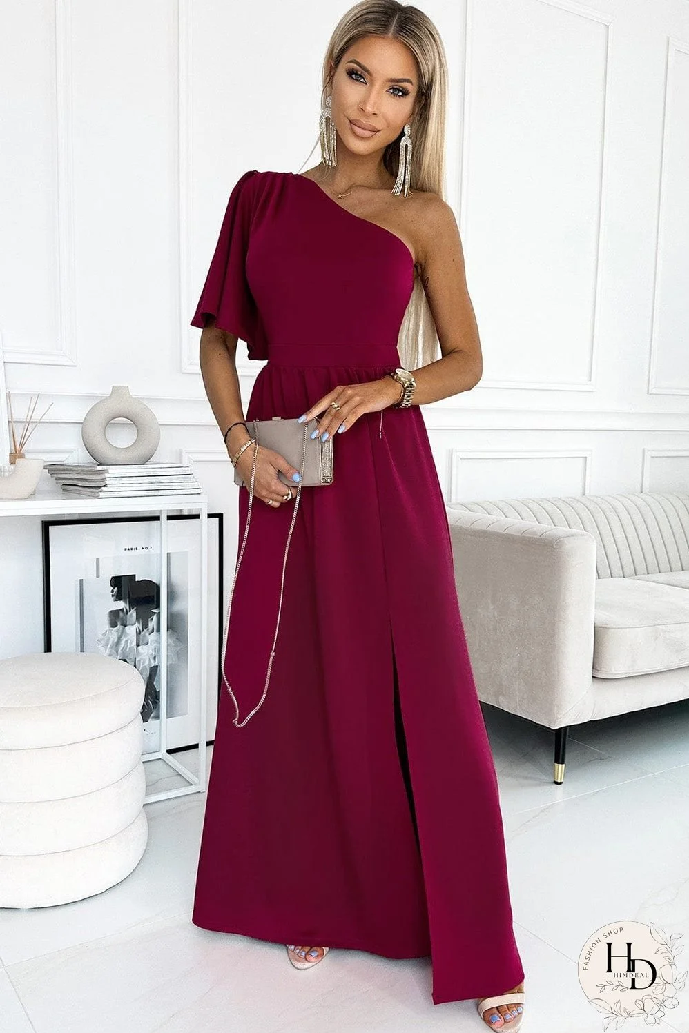 Solid Sloping Shoulder Slit Dress