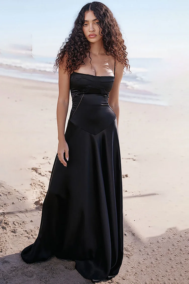 Cami Boat Neck Lace Up Tied Up Corset Satin Formal Party Maxi Dress