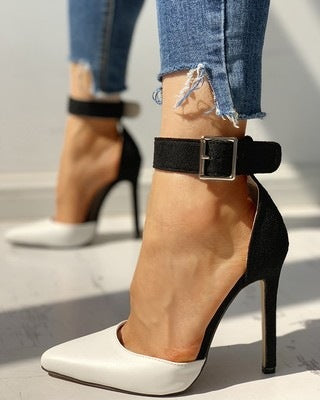 Women's elegant black white dress heels pointed toe closed toe high heels