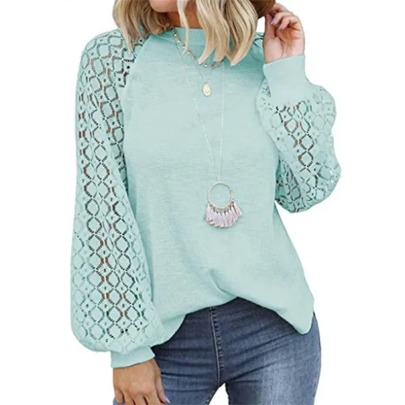 2022 New Solid T Shirt Women Fashion Lace Patchwork O Neck Long Sleeve Streetwear Loose Tops Female Casual Oversized Tee Shirt