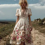 Bohemian Style Plant Flower And Butterfly Pattern Embroidery Women's Cotton And Linen Dress - Image 2