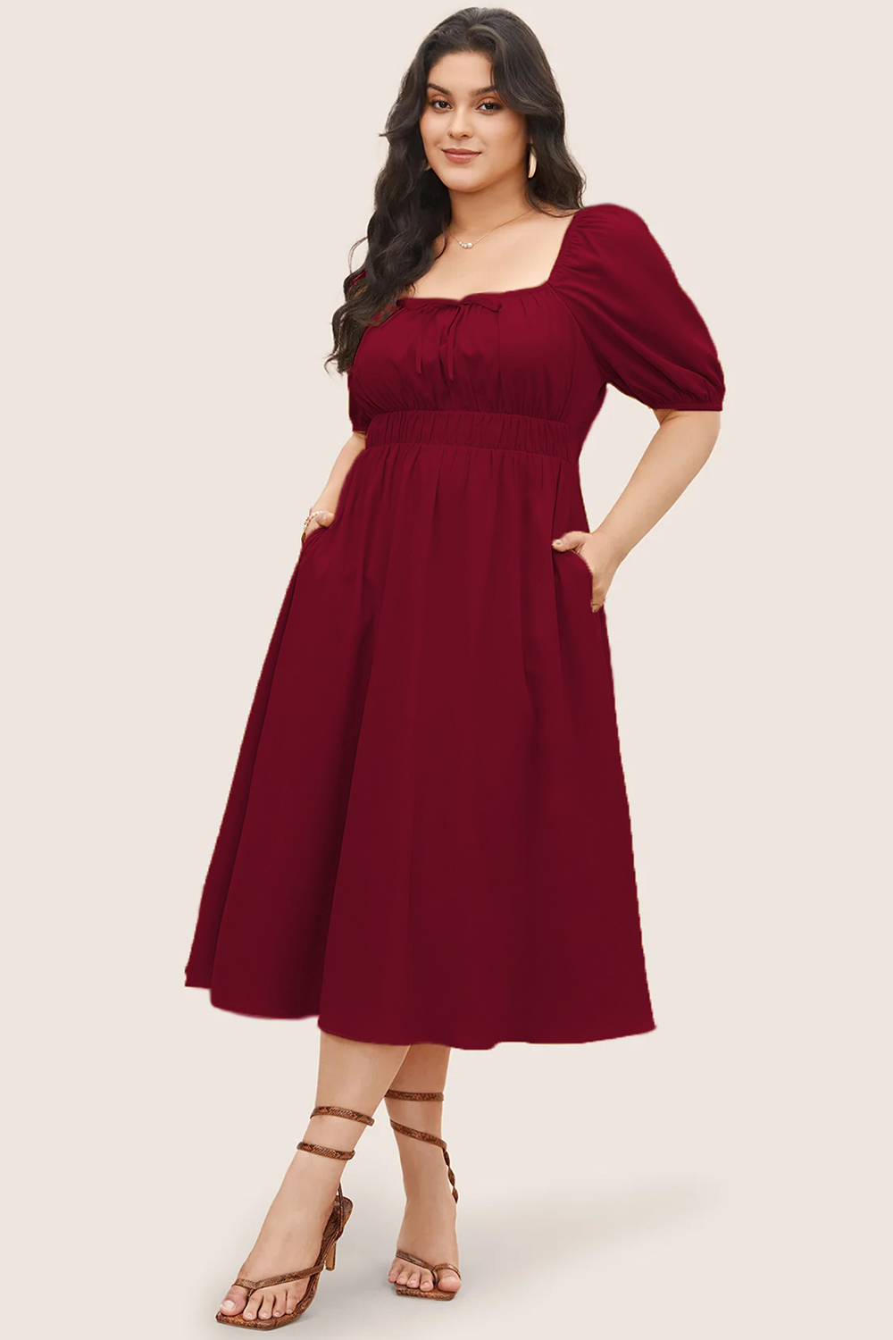 Plus Size Everyday Burgundy Square Neck Puff Sleeve Shirred Waist Pocket Midi Dress 2024 - Flycurvy 