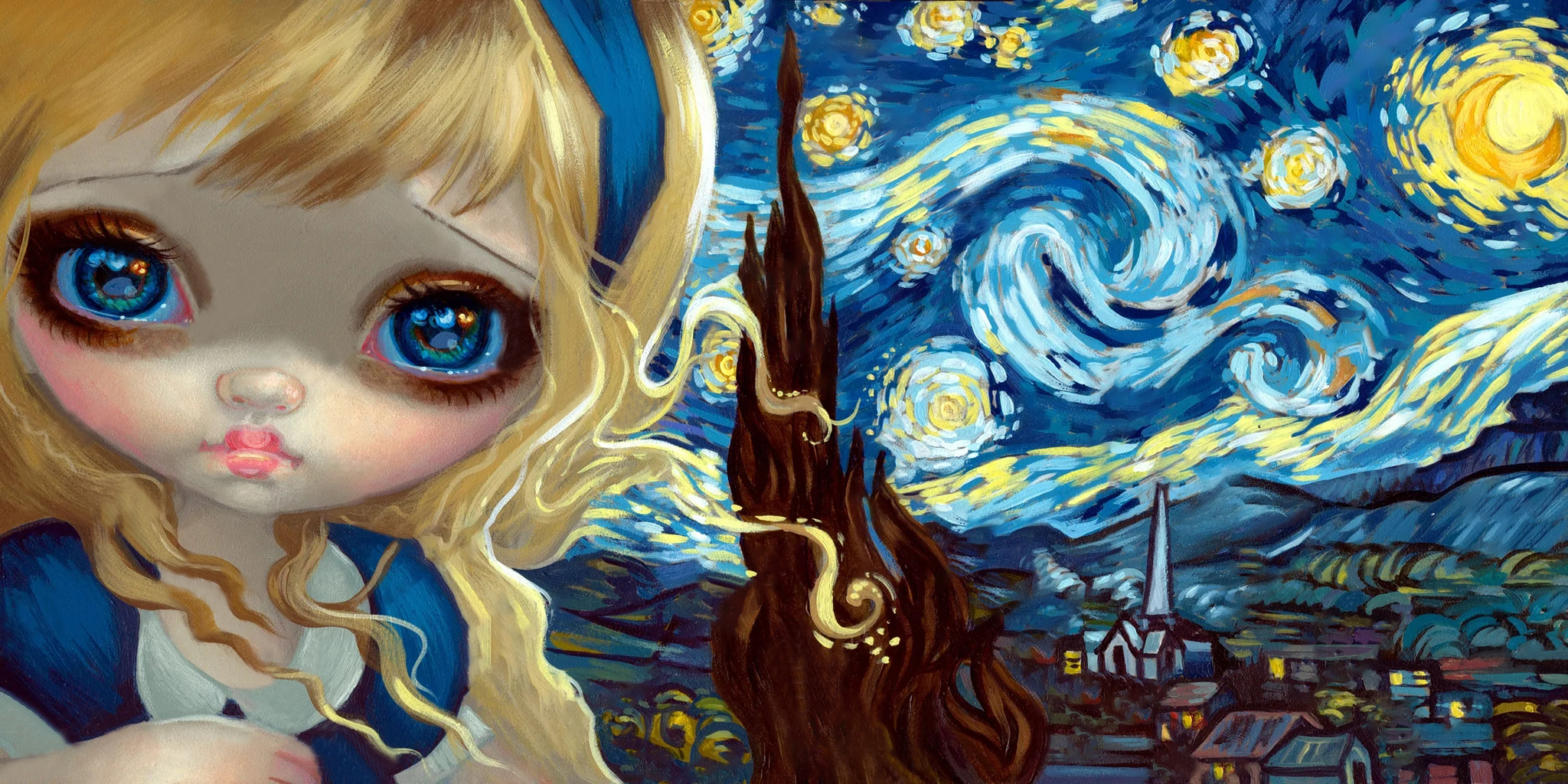 Vincent Van Gogh Painted Starry Sky Big Eyes Doll 90*40CM(Canvas) Full Round Drill Diamond Painting gbfke