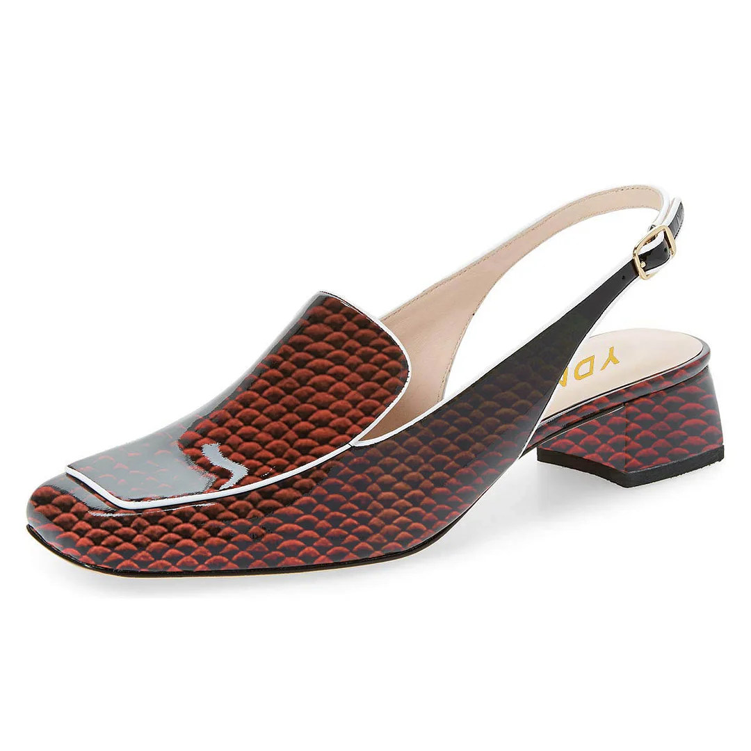 Red Patent Leather Slingback Square Toe Snakeskin Women's Loafers