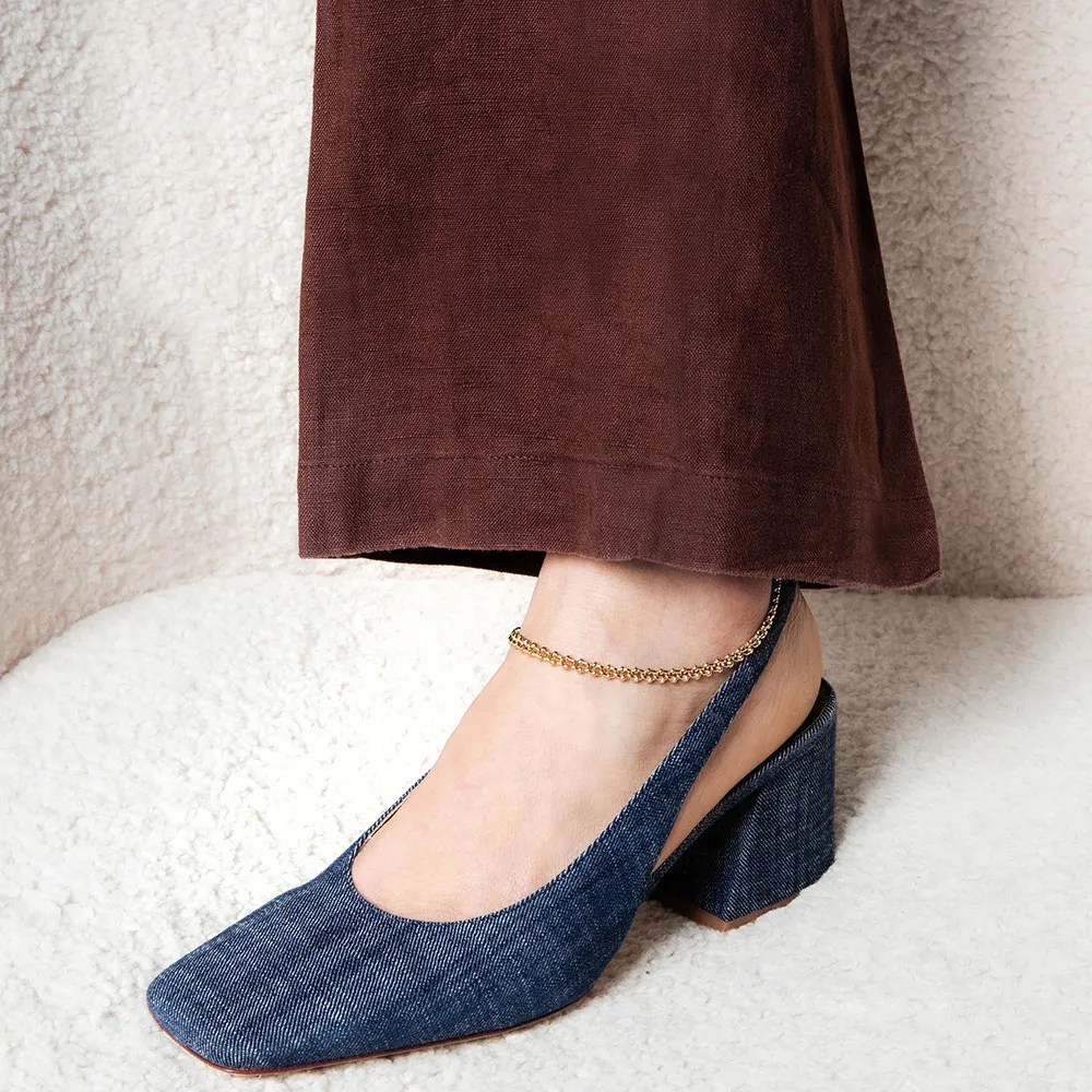 Chic Blue Denim Square Toe Chain Chunky Heel Slingback Shoes