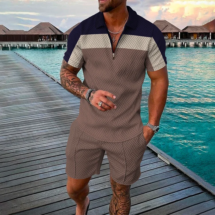 BrosWear Simple Stripe Color Matching Polo Shirt And Shorts Co-Ord