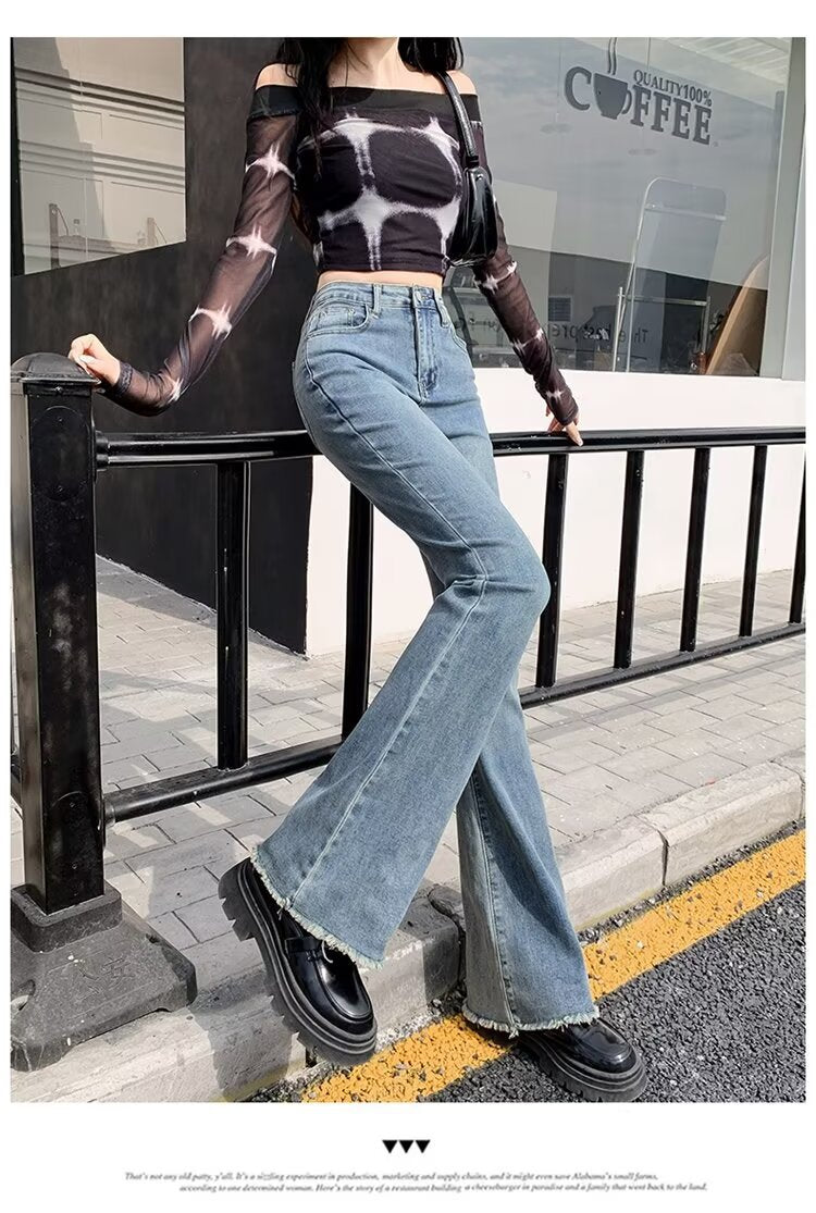 Aiertu fall outfits women Spring and Autumn Retro Blue Micro Flared Pants Women's High Waist Slimming Wide Leg American Hot Girl Frayed Horseshoe Pants Autumn Stretch Pants aiertu