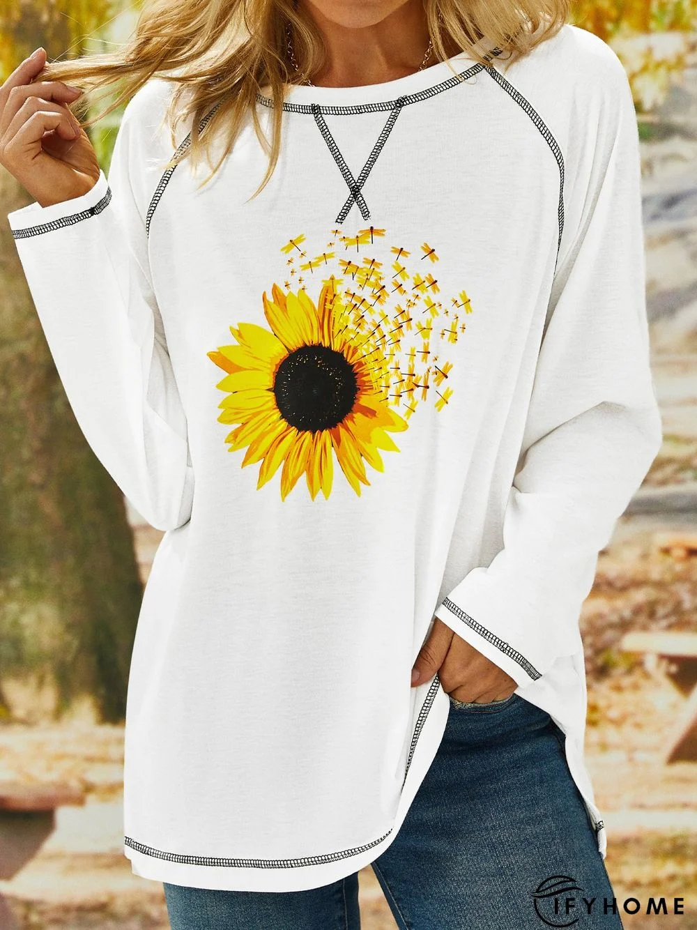 Sunflower Long Sleeve Crew Neck Casual Tunic T-Shirt | IFYHOME