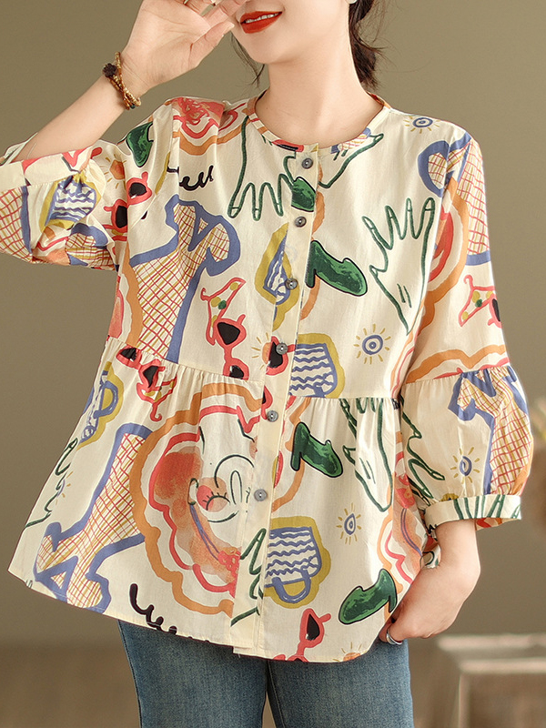 Print Puff Sleeve Single Breasted Round Neck Top