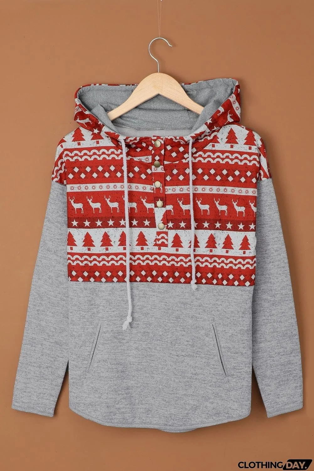 Printed Color Block Drawstring Detail Hoodie