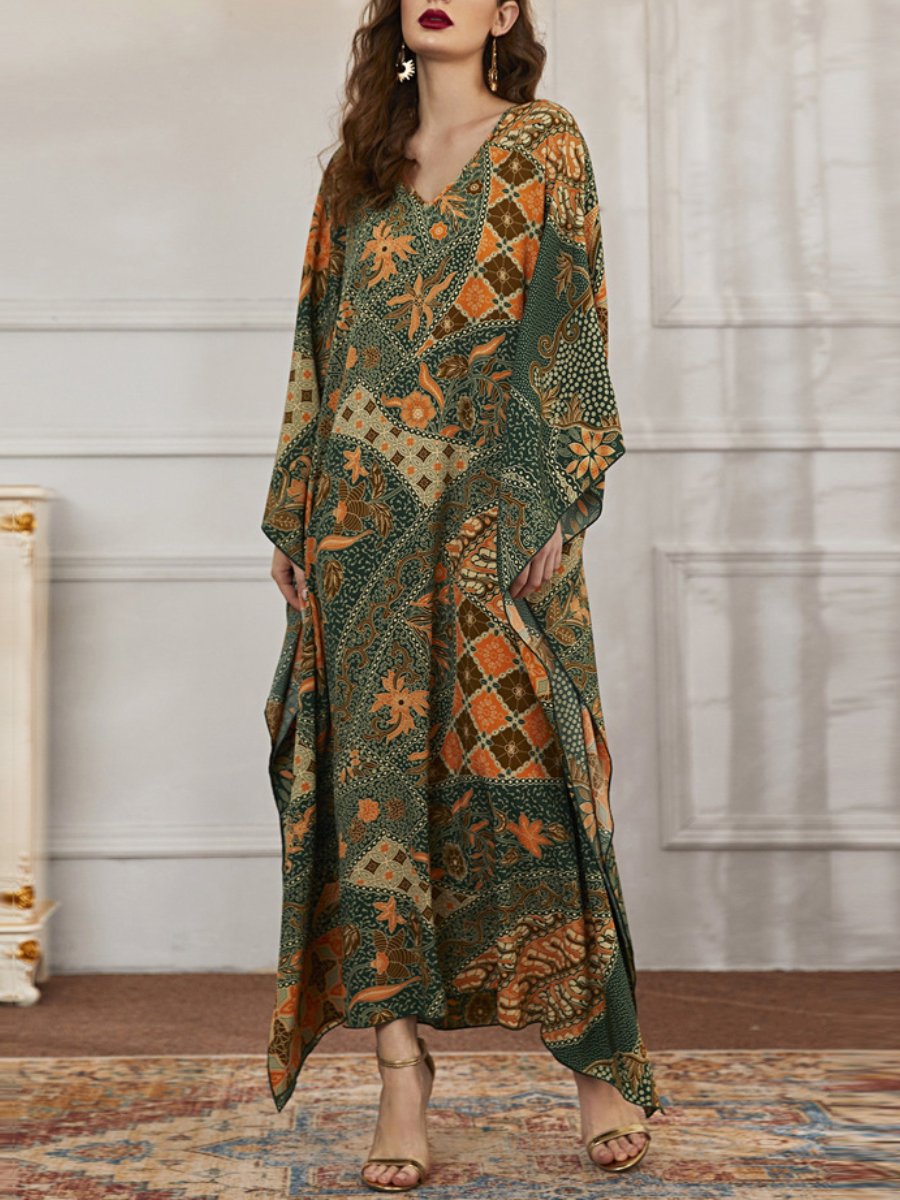 Ethnic Print V Neck Flared Sleeve Loose Kaftan Dress | Oxredo Shop Ramadan Sale
