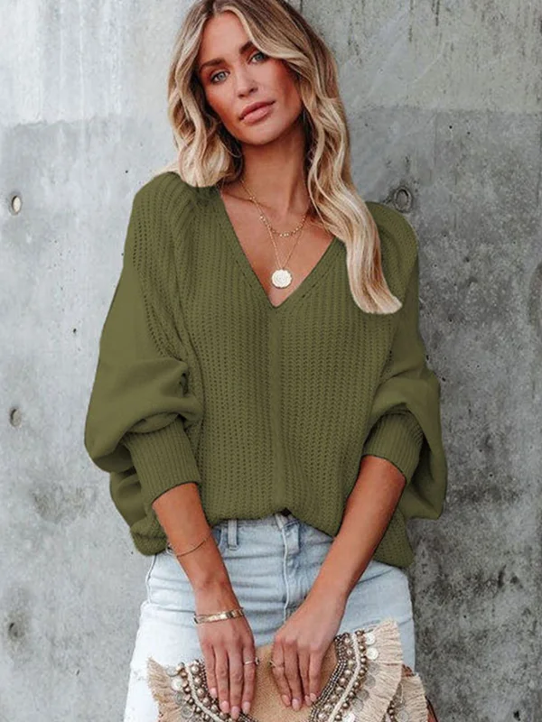 Loose Batwing Sleeves Twist Solid Color V-Neck Sweater Tops