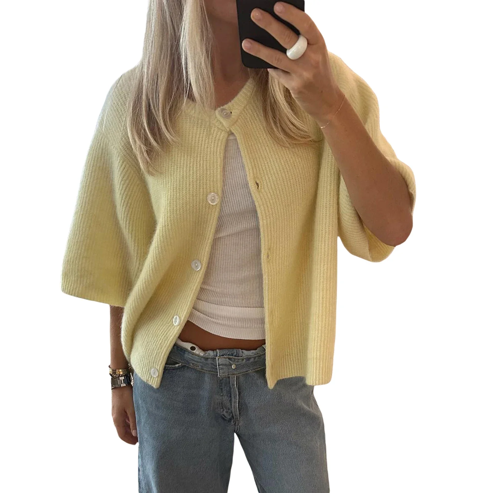 Karastik costumes for adult women Women's Solid Color Cardigan Short Sleeve Round Neck Button Down Sweater Knit Tops